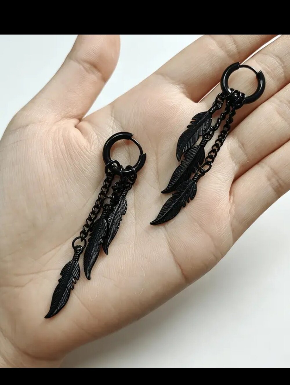 Black Unisex Hoop, Tassel Chains W Leaf/Feather Pendants Earrings - Picture 3 of 4